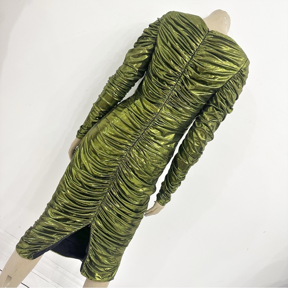 Liquid green ruched ELLE VOLVE fitted dress with long sleeves. Size S. - Picture 4 of 10